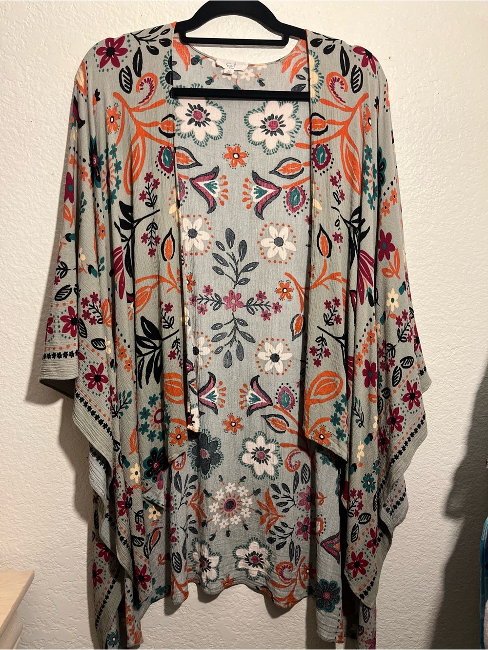 Easel Floral Open-Front Tunic Cardigan in Gray with Orange & Teal Accents